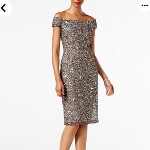 Adrianna Papell Silver Off-Shoulder Midi Dress